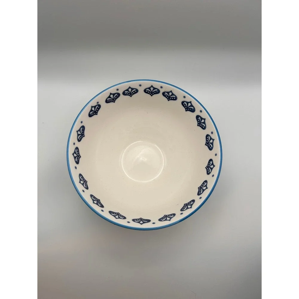 Bohemian Stoneware Footed Bowl Blue Lime Green Floral Damask 6 Inch